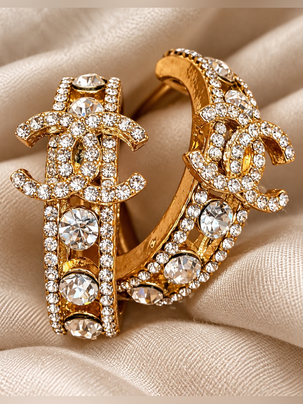Luxury Gold Pavé Crystal ICED Interlocking CC Statement Hoop Earrings
